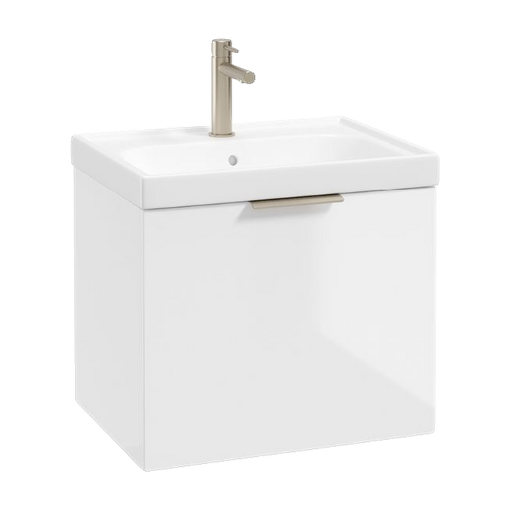 SONAS Stockholm 50cm wall hung single drawer vanity unit in Gloss White with brushed nickel handles