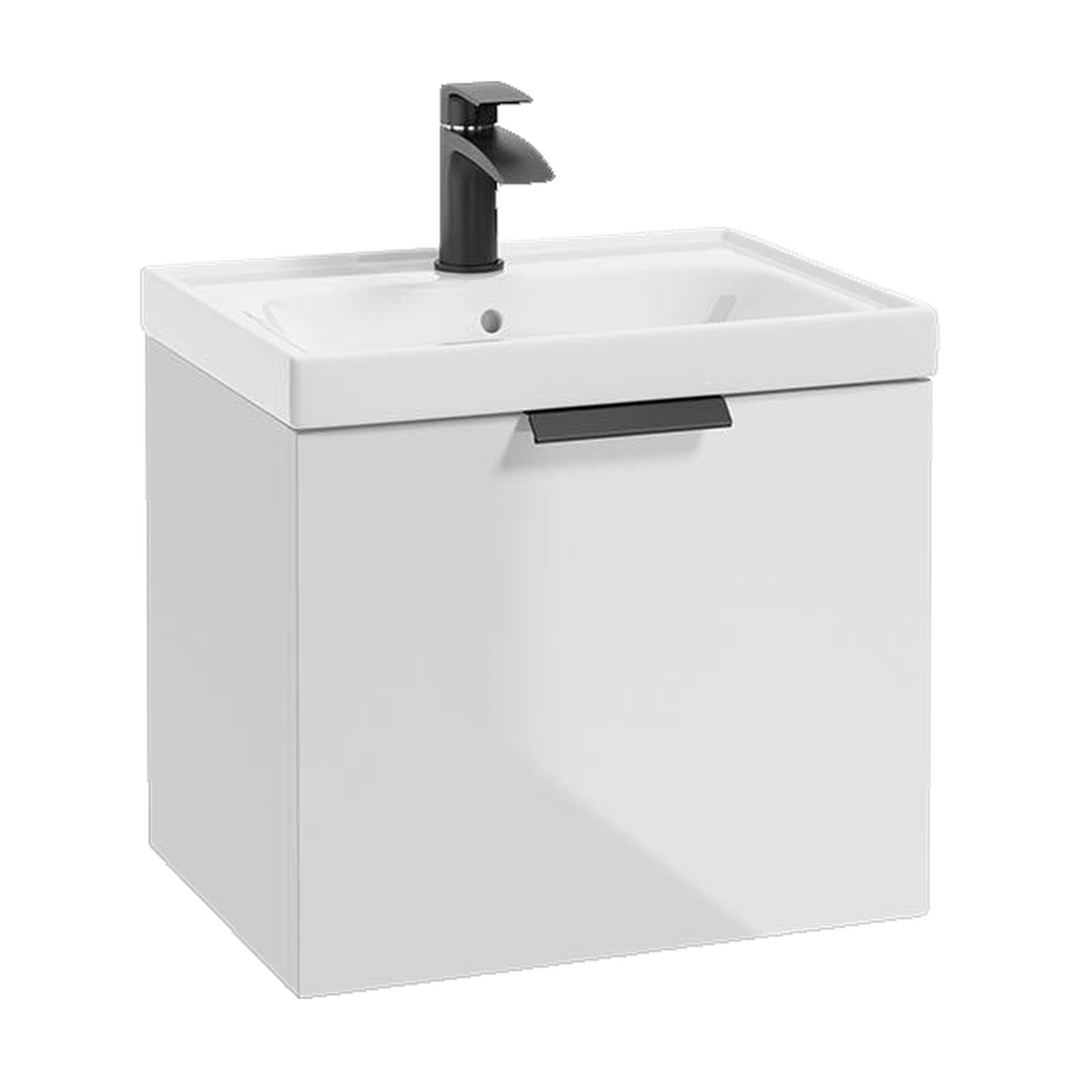 SONAS Stockholm 50cm wall hung single drawer vanity unit in Gloss White with matt black handles