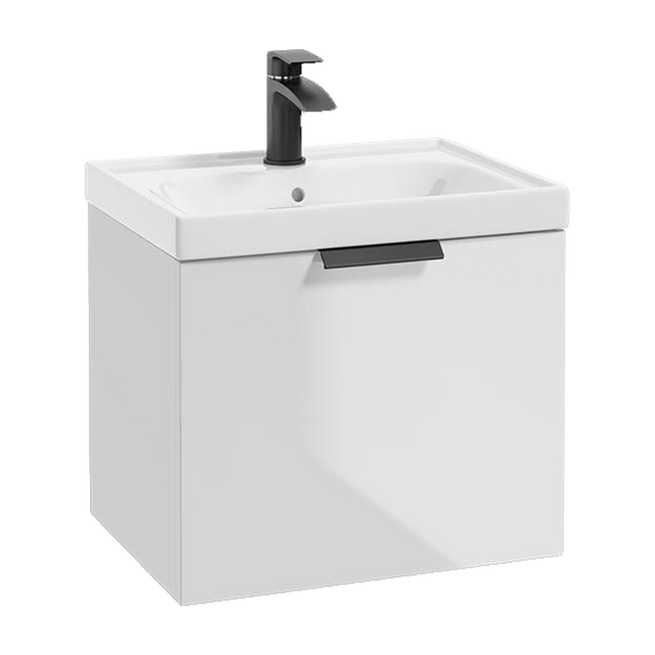 SONAS Stockholm 50cm wall hung single drawer vanity unit in Gloss White with matt black handles