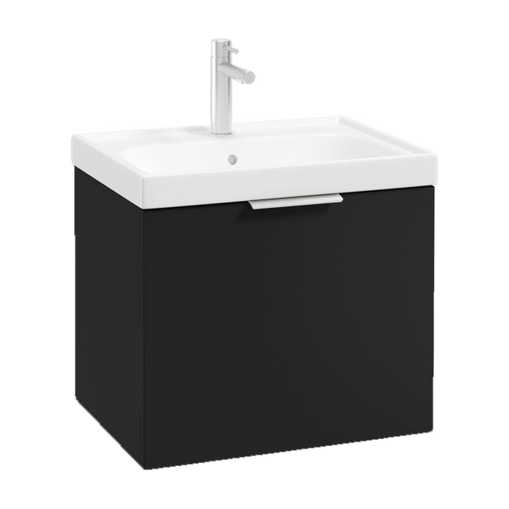 SONAS Stockholm 50cm wall hung single drawer vanity unit in Matt Black with brushed chrome handles