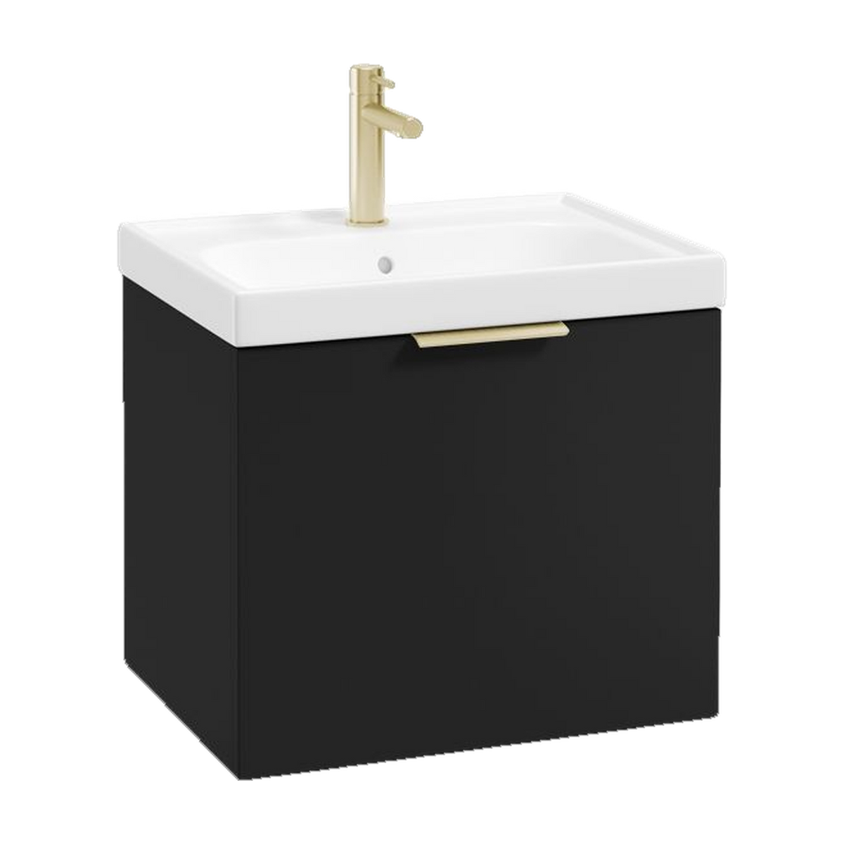 SONAS Stockholm 50cm wall hung single drawer vanity unit in Matt Black with brushed gold handles