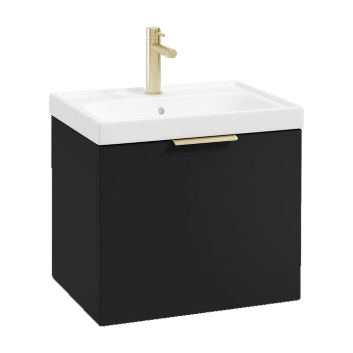 SONAS Stockholm 50cm wall hung single drawer vanity unit in Matt Black with brushed gold handles