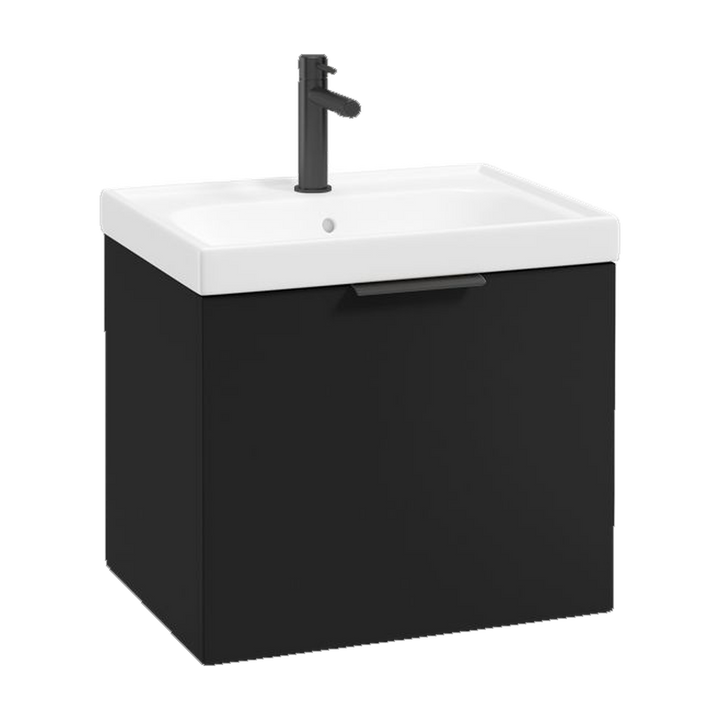 SONAS Stockholm 50cm wall hung single drawer vanity unit in Matt Black with matt black handles