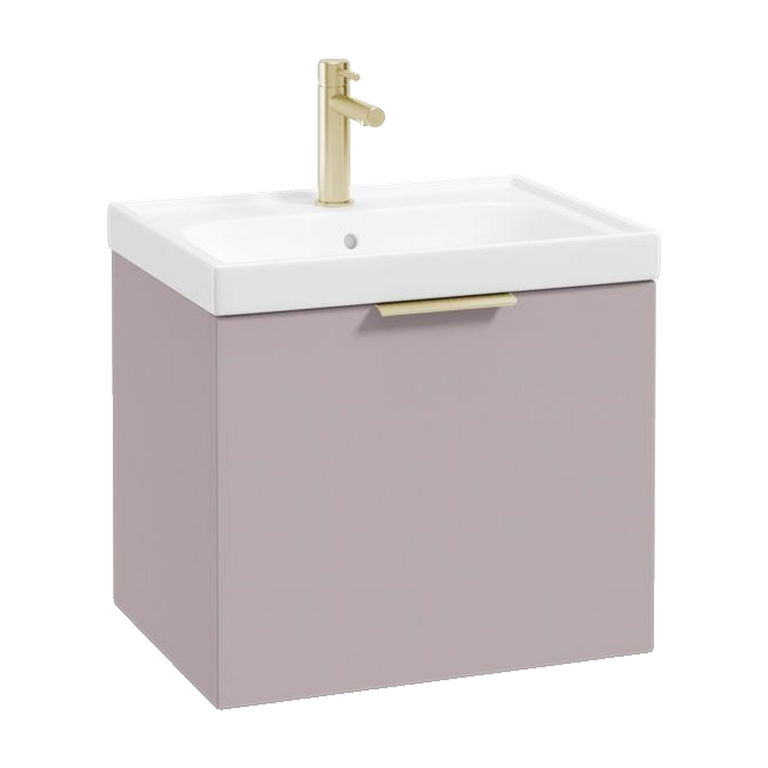 SONAS Stockholm 50cm wall hung single drawer vanity unit in Matt Cashmere Pink with brushed gold handles