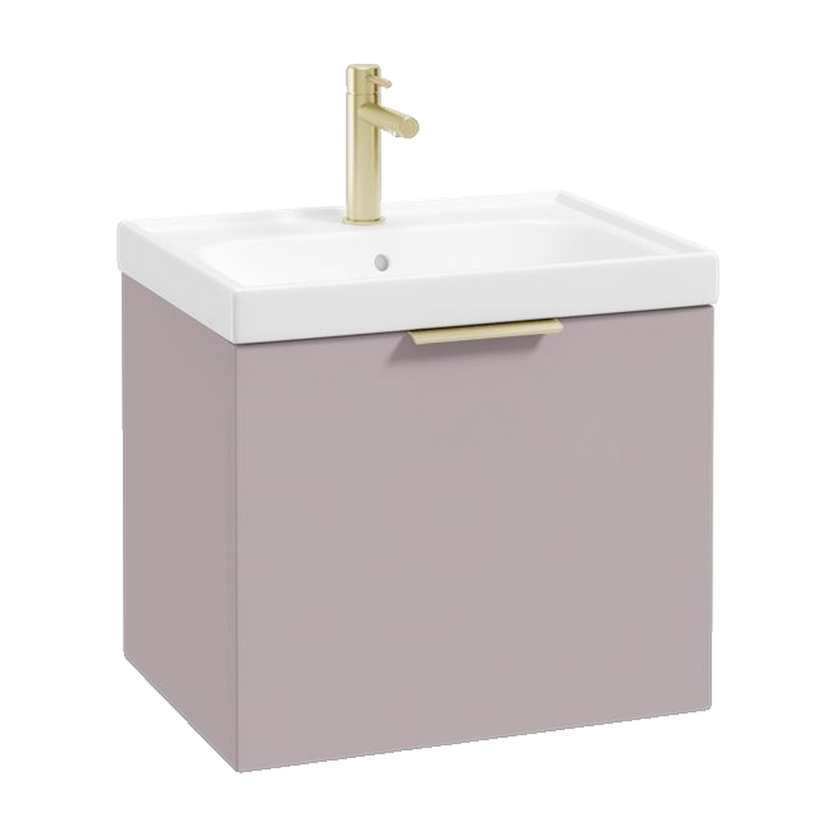 SONAS Stockholm 50cm wall hung single drawer vanity unit in Matt Cashmere Pink with brushed gold handles