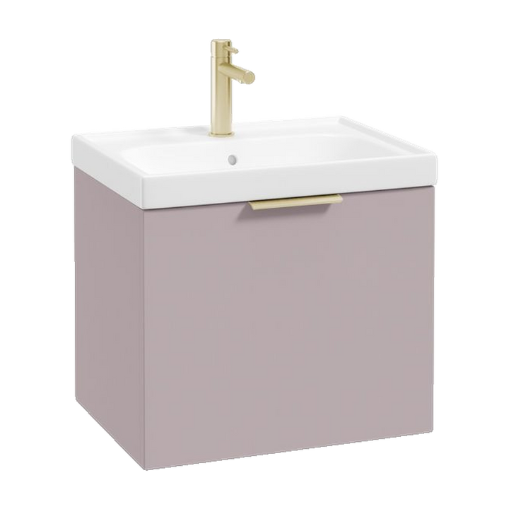 SONAS Stockholm 50cm wall hung single drawer vanity unit in Matt Cashmere Pink with brushed gold handles