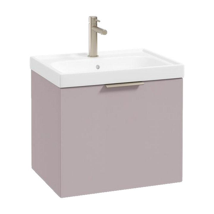 SONAS Stockholm 50cm wall hung single drawer vanity unit in Matt Cashmere Pink with brushed nickel handles