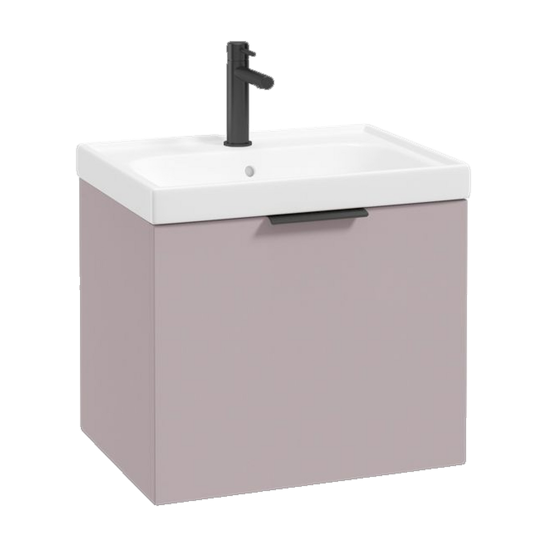 SONAS Stockholm 50cm wall hung single drawer vanity unit in Matt Cashmere Pink with matt black handles