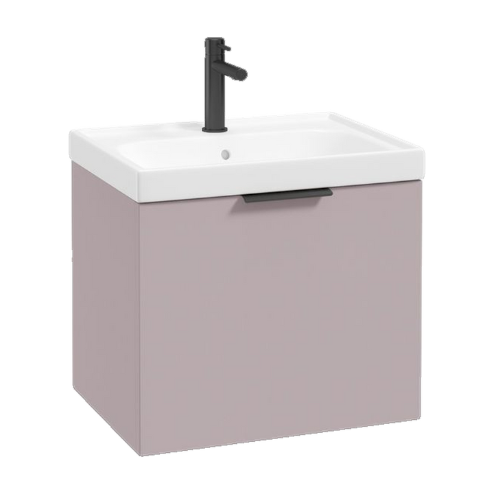SONAS Stockholm 50cm wall hung single drawer vanity unit in Matt Cashmere Pink with matt black handles