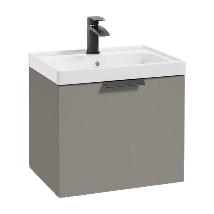SONAS Stockholm 50cm wall hung single drawer vanity unit in Matt Khaki with matt black handles
