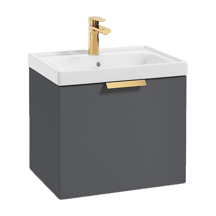 SONAS Stockholm 50cm wall hung single drawer vanity unit in Matt Midnight Grey with brushed gold handles
