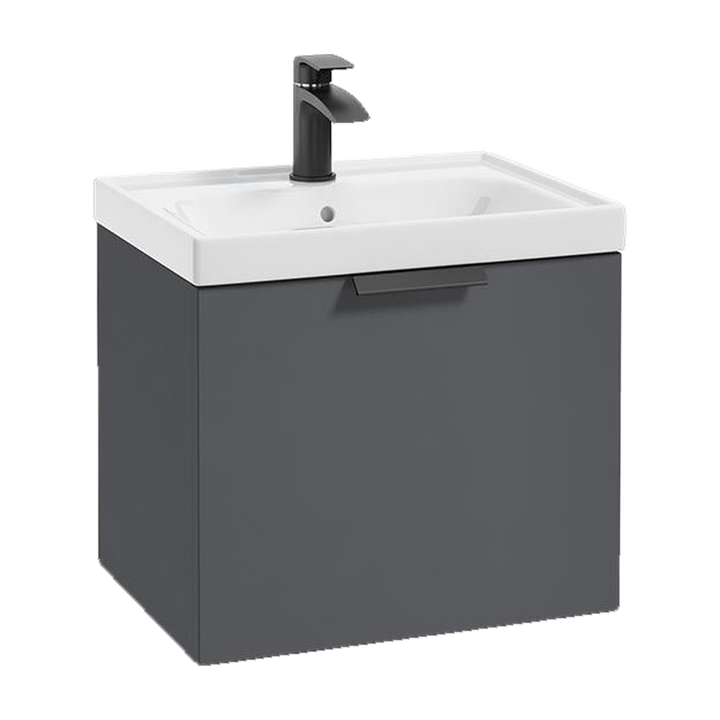 SONAS Stockholm 50cm wall hung single drawer vanity unit in Matt Midnight Grey with matt black handles