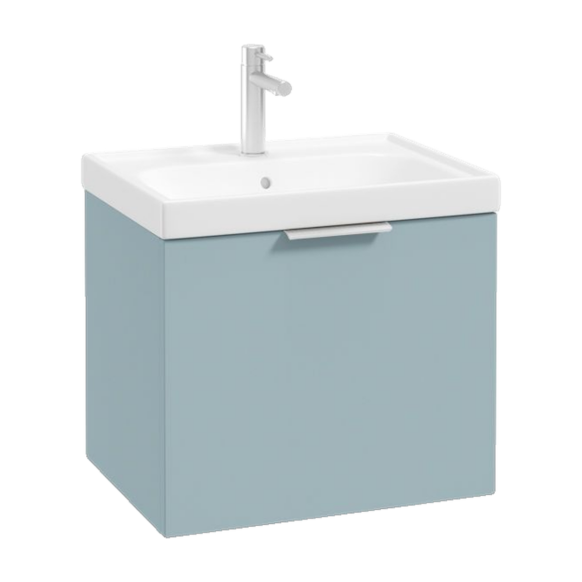 SONAS Stockholm 50cm wall hung single drawer vanity unit in Matt Morning Sky Blue with brushed chrome handles