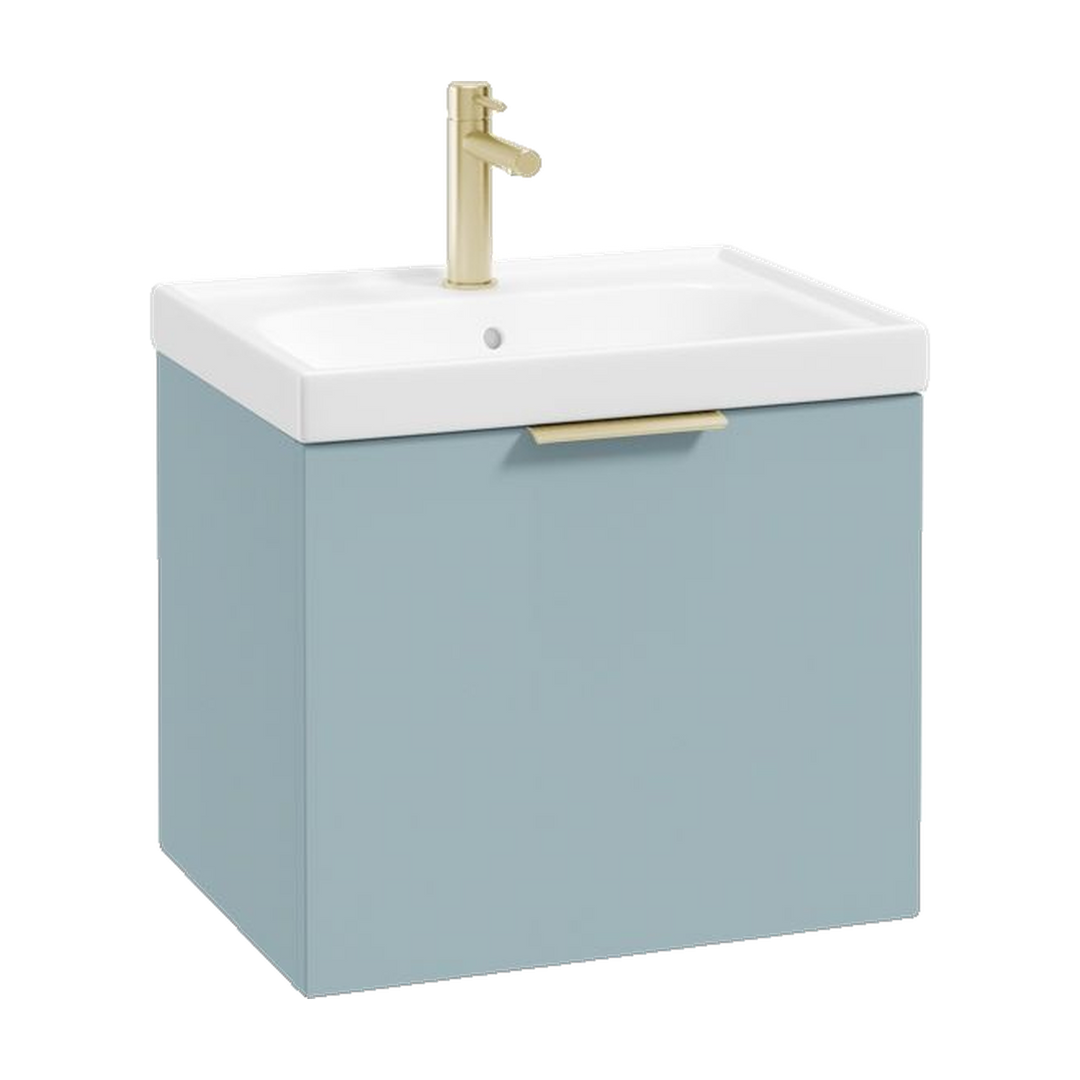 SONAS Stockholm 50cm wall hung single drawer vanity unit in Matt Morning Sky Blue with brushed gold handles