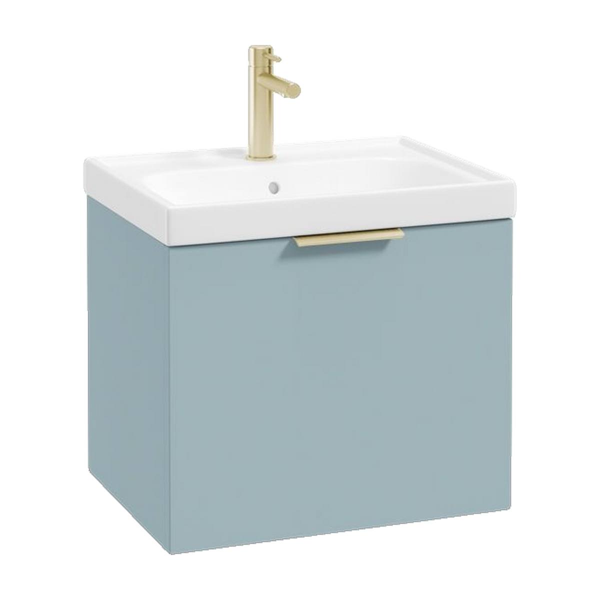 SONAS Stockholm 50cm wall hung single drawer vanity unit in Matt Morning Sky Blue with brushed gold handles