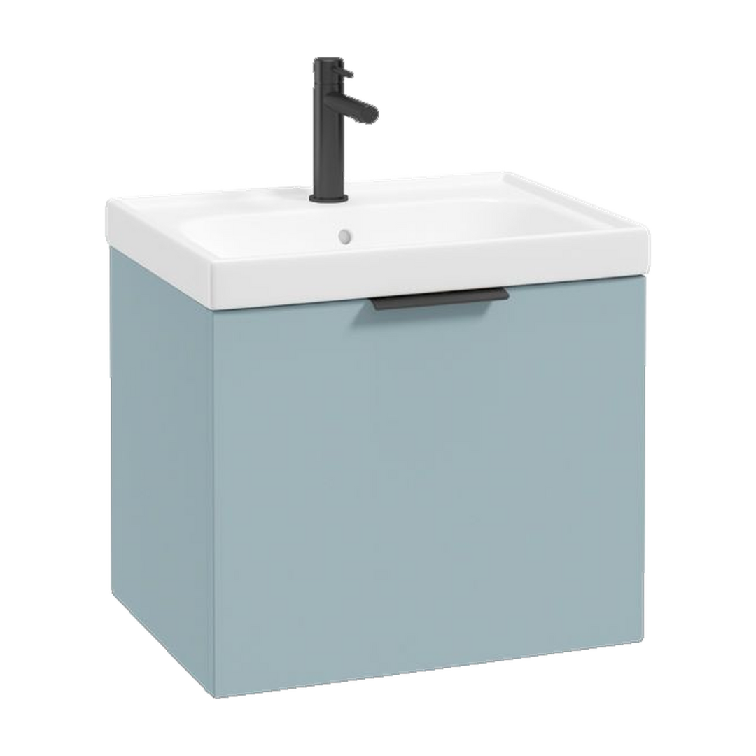 SONAS Stockholm 50cm wall hung single drawer vanity unit in Matt Morning Sky Blue with matt black handles