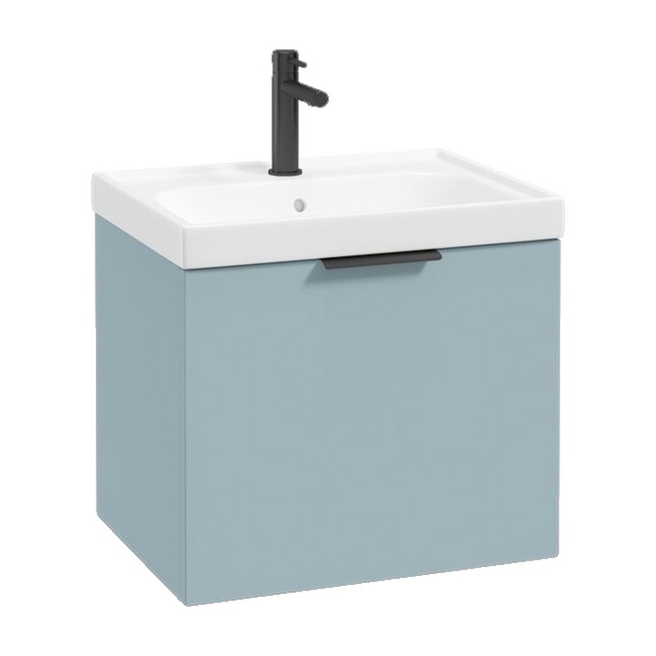 SONAS Stockholm 50cm wall hung single drawer vanity unit in Matt Morning Sky Blue with matt black handles