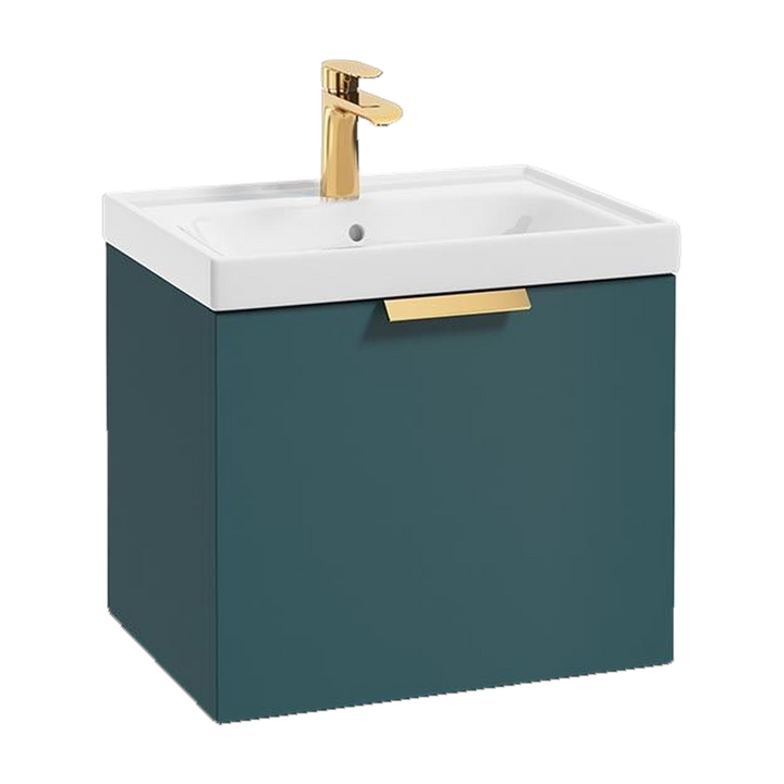 SONAS Stockholm 50cm wall hung single drawer vanity unit in Matt Ocean Blue with brushed gold handles