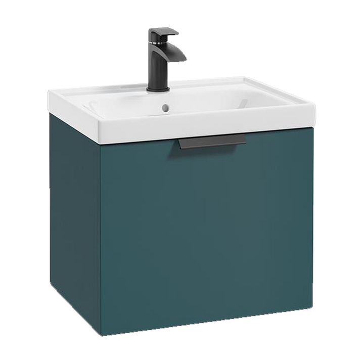 SONAS Stockholm 50cm wall hung single drawer vanity unit in Matt Ocean Blue with matt black handles