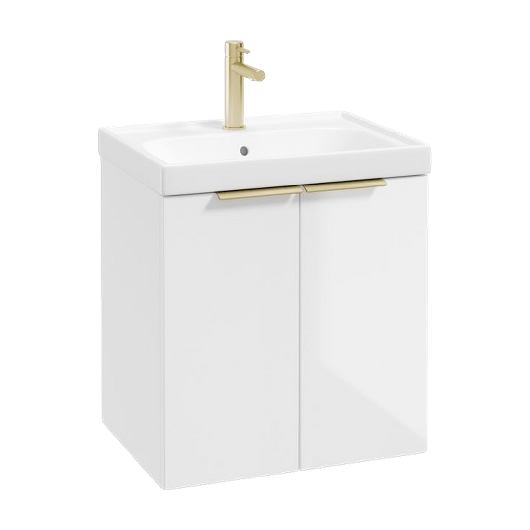 SONAS Stockholm 50cm wall hung two door vanity unit in Gloss White with brushed gold handles