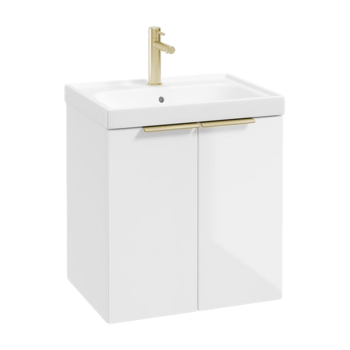 SONAS Stockholm 50cm wall hung two door vanity unit in Gloss White with brushed gold handles