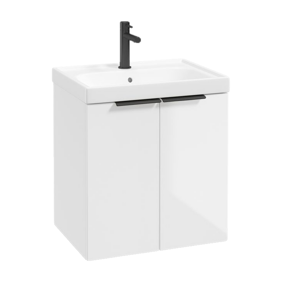 SONAS Stockholm 50cm wall hung two door vanity unit in Gloss White with matt black handles