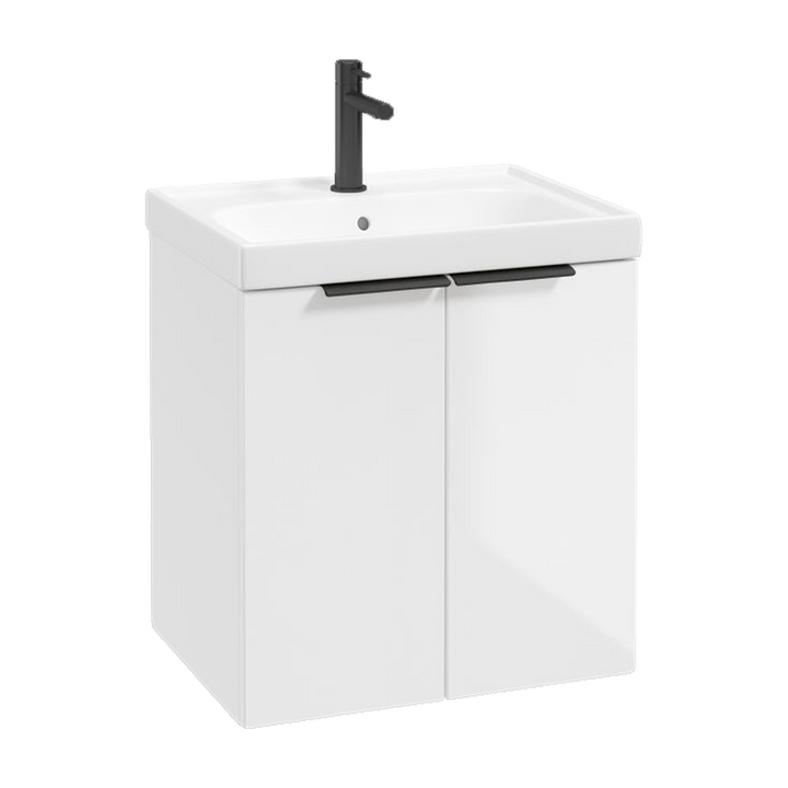 SONAS Stockholm 50cm wall hung two door vanity unit in Gloss White with matt black handles