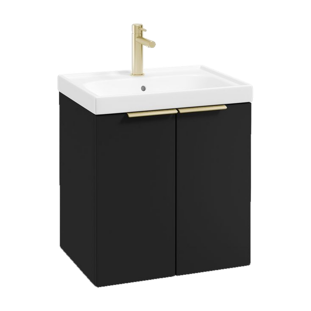 SONAS Stockholm 50cm wall hung two door vanity unit in Matt Black with brushed gold handles