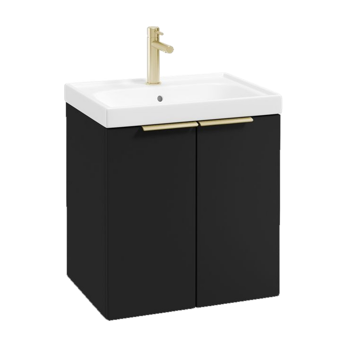 SONAS Stockholm 50cm wall hung two door vanity unit in Matt Black with brushed gold handles