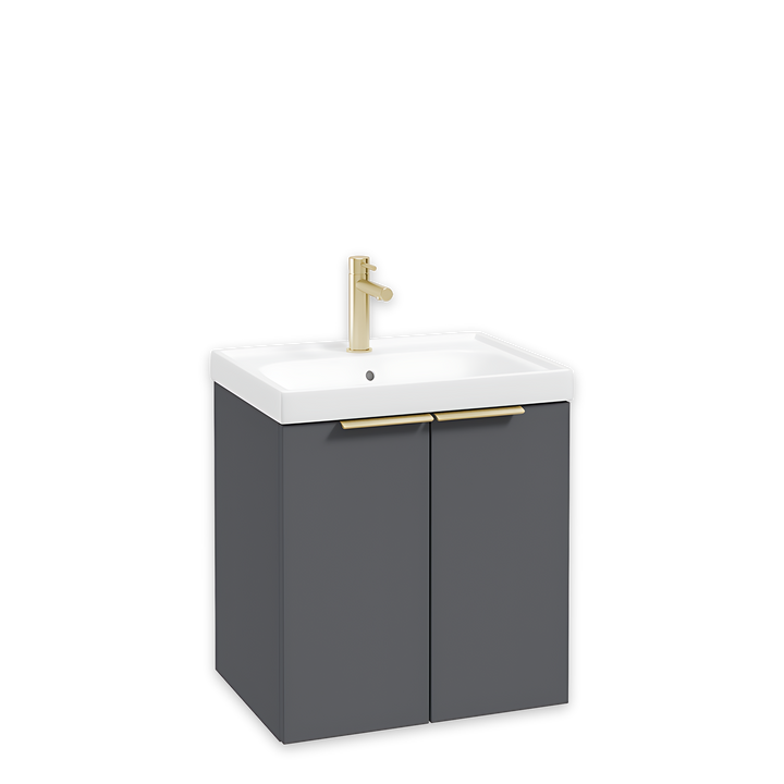 SONAS Stockholm 50cm wall hung two door vanity unit in Matt Midnight Grey with brushed gold handles