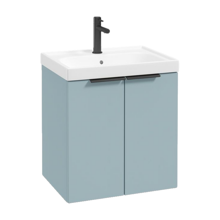 SONAS Stockholm 50cm wall hung two door vanity unit in Matt Morning Sky Blue with matt black handles