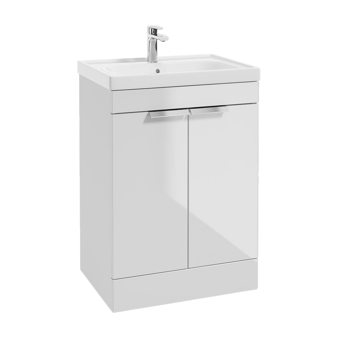 SONAS Stockholm 60cm floorstanding two door vanity unit in Gloss White with brushed chrome handles