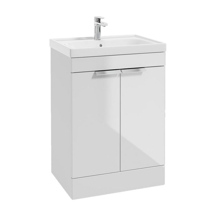 SONAS Stockholm 60cm floorstanding two door vanity unit in Gloss White with brushed chrome handles