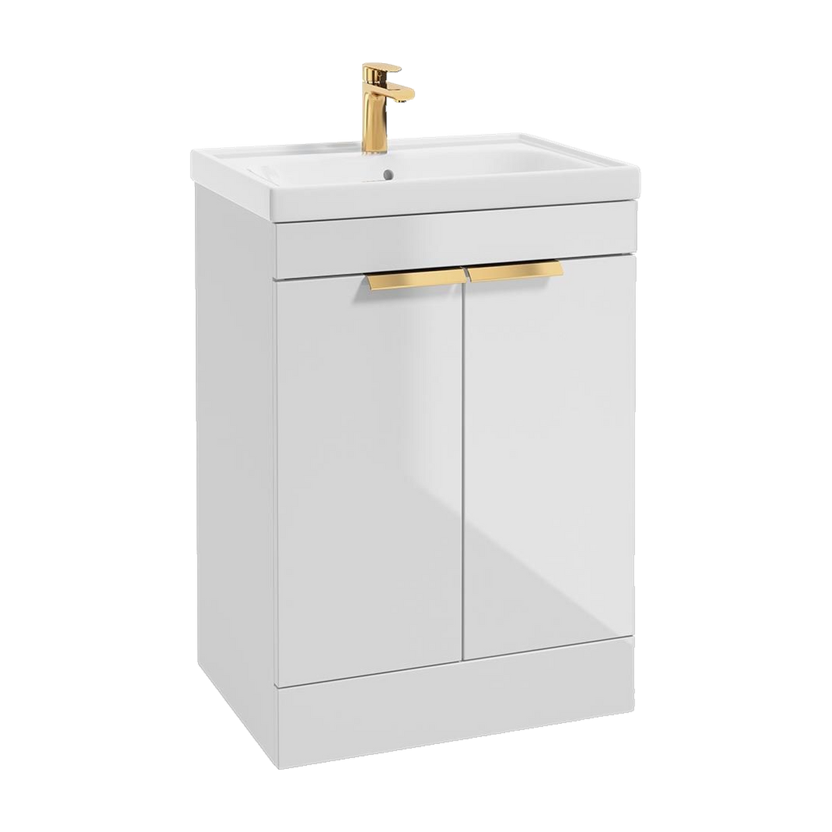 SONAS Stockholm 60cm floorstanding two door vanity unit in Gloss White with brushed gold handles