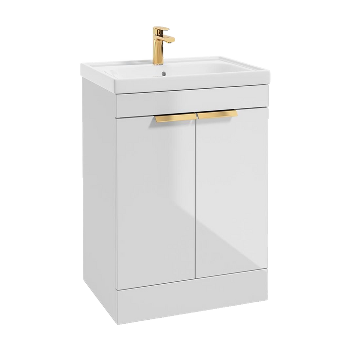 SONAS Stockholm 60cm floorstanding two door vanity unit in Gloss White with brushed gold handles
