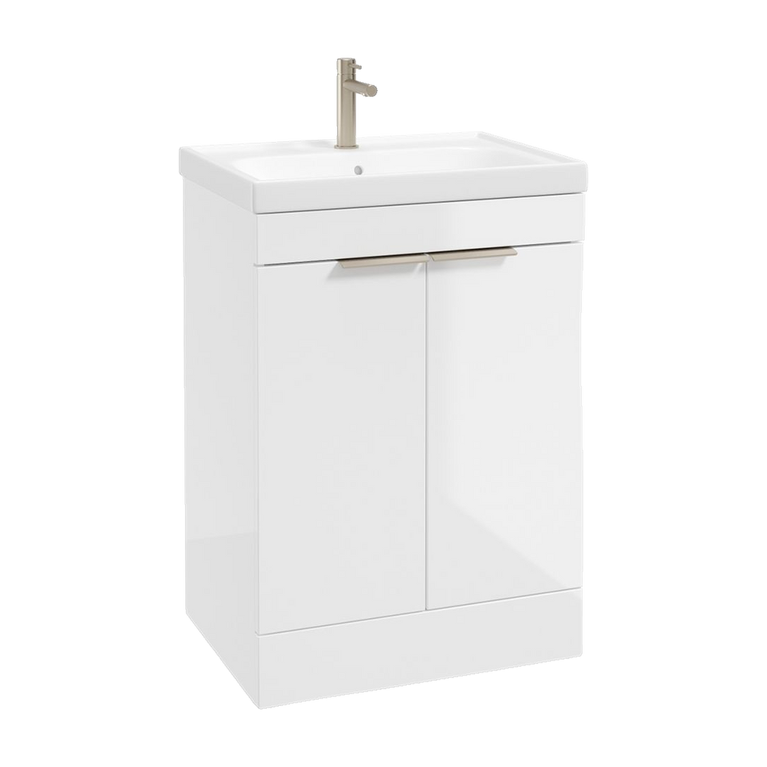 SONAS Stockholm 60cm floorstanding two door vanity unit in Gloss White with brushed nickel handles