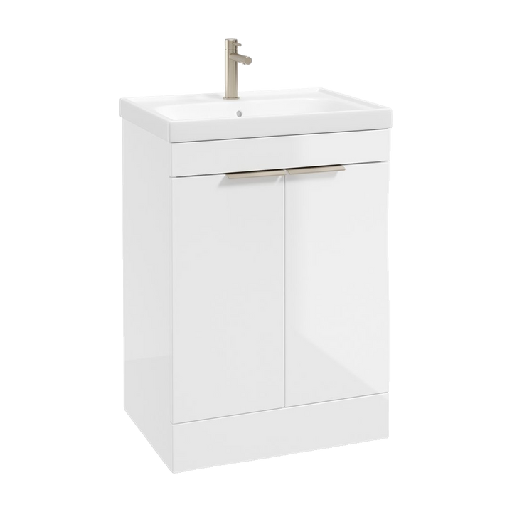 SONAS Stockholm 60cm floorstanding two door vanity unit in Gloss White with brushed nickel handles