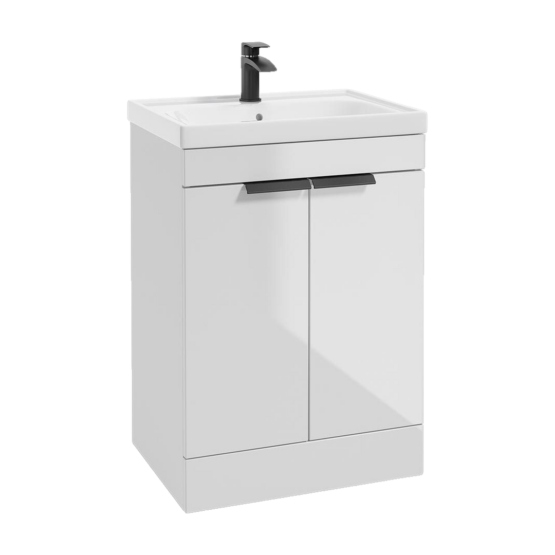 SONAS Stockholm 60cm floorstanding two door vanity unit in Gloss White with matt black handles