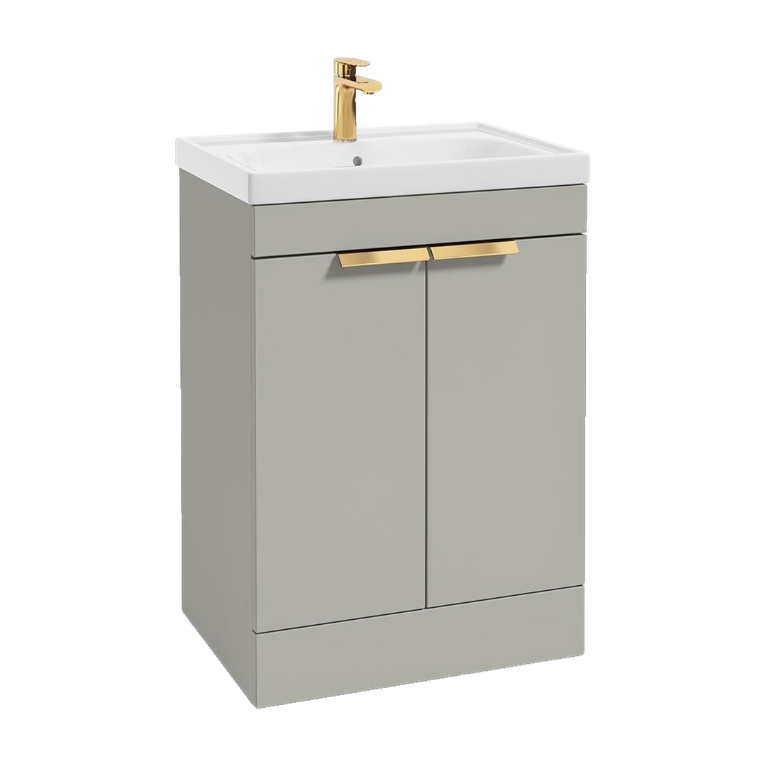 SONAS Stockholm 60cm floorstanding two door vanity unit in Matt Arctic Grey with brushed gold handles