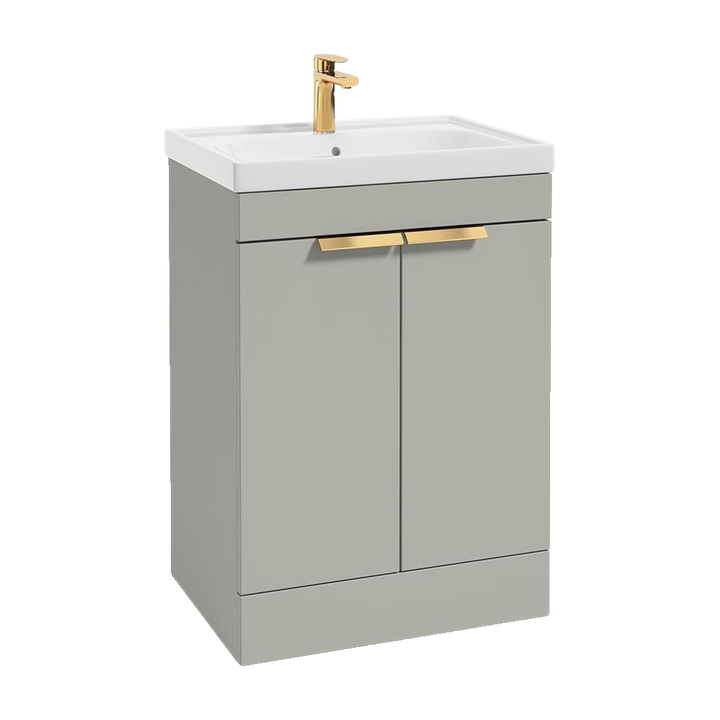 SONAS Stockholm 60cm floorstanding two door vanity unit in Matt Arctic Grey with brushed gold handles
