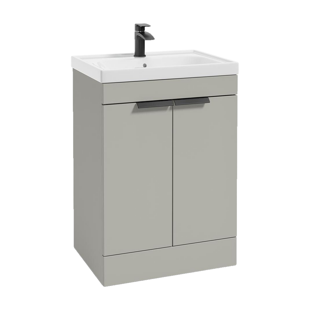 SONAS Stockholm 60cm floorstanding two door vanity unit in Matt Arctic Grey with matt black handles