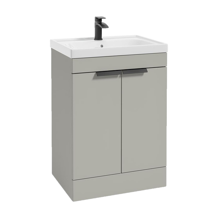 SONAS Stockholm 60cm floorstanding two door vanity unit in Matt Arctic Grey with matt black handles
