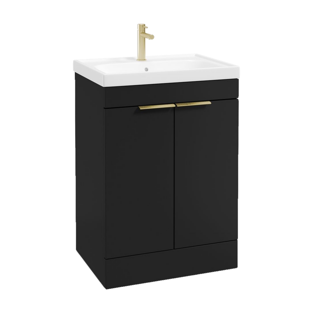 SONAS Stockholm 60cm floorstanding two door vanity unit in Matt Black with brushed gold handles