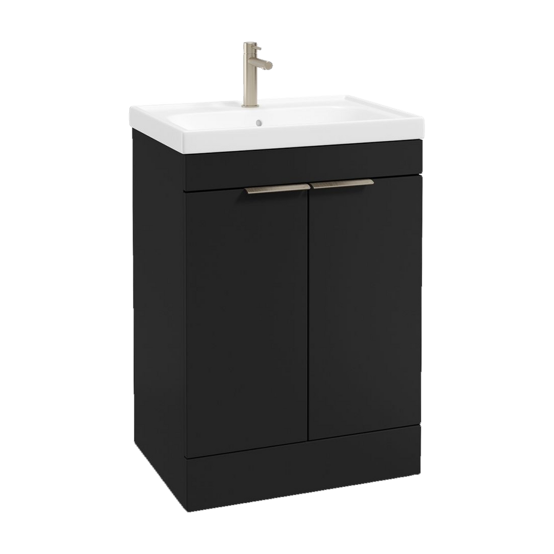 SONAS Stockholm 60cm floorstanding two door vanity unit in Matt Black with brushed nickel handles