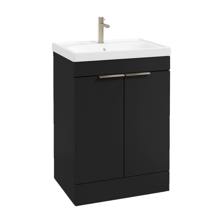 SONAS Stockholm 60cm floorstanding two door vanity unit in Matt Black with brushed nickel handles