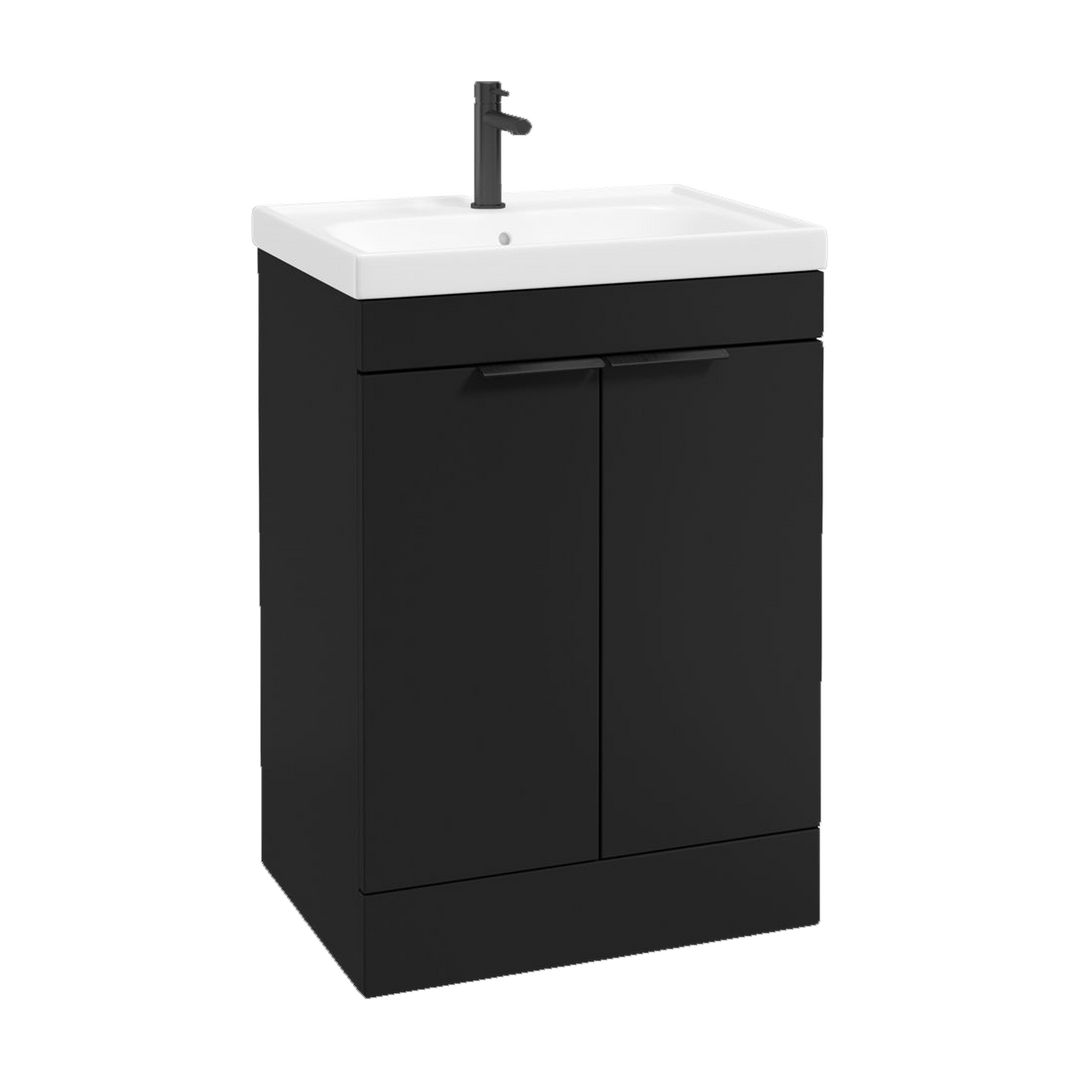 SONAS Stockholm 60cm floorstanding two door vanity unit in Matt Black with matt black handles
