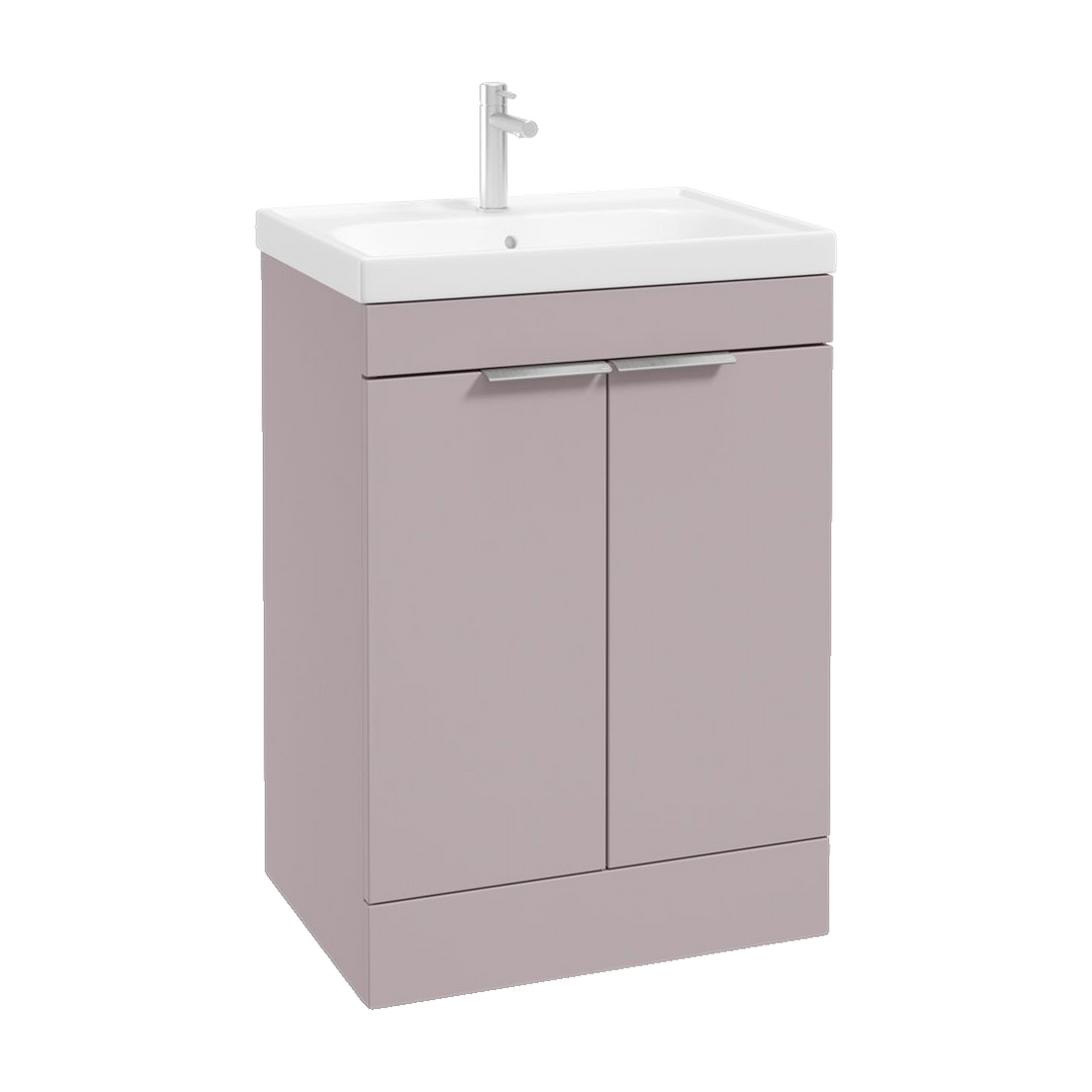 SONAS Stockholm 60cm floorstanding two door vanity unit in Matt Cashmere Pink with brushed chrome handles