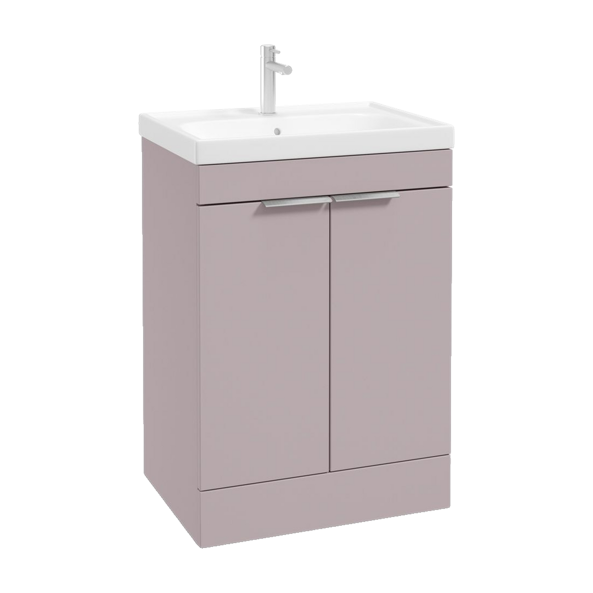 SONAS Stockholm 60cm floorstanding two door vanity unit in Matt Cashmere Pink with brushed chrome handles