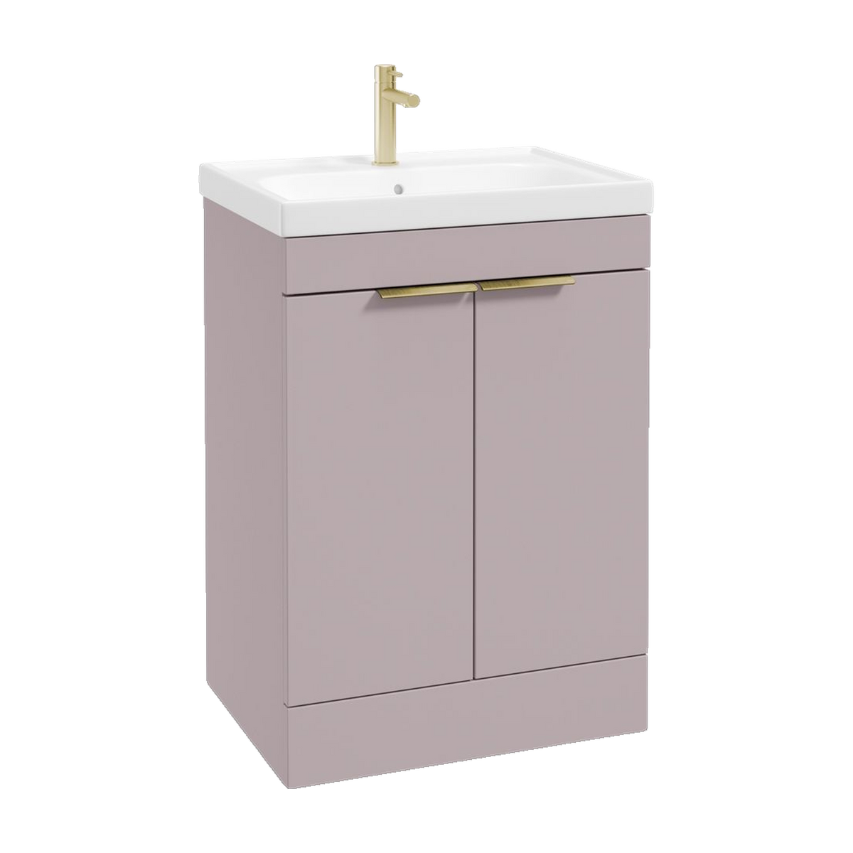 SONAS Stockholm 60cm floorstanding two door vanity unit in Matt Cashmere Pink with brushed gold handles