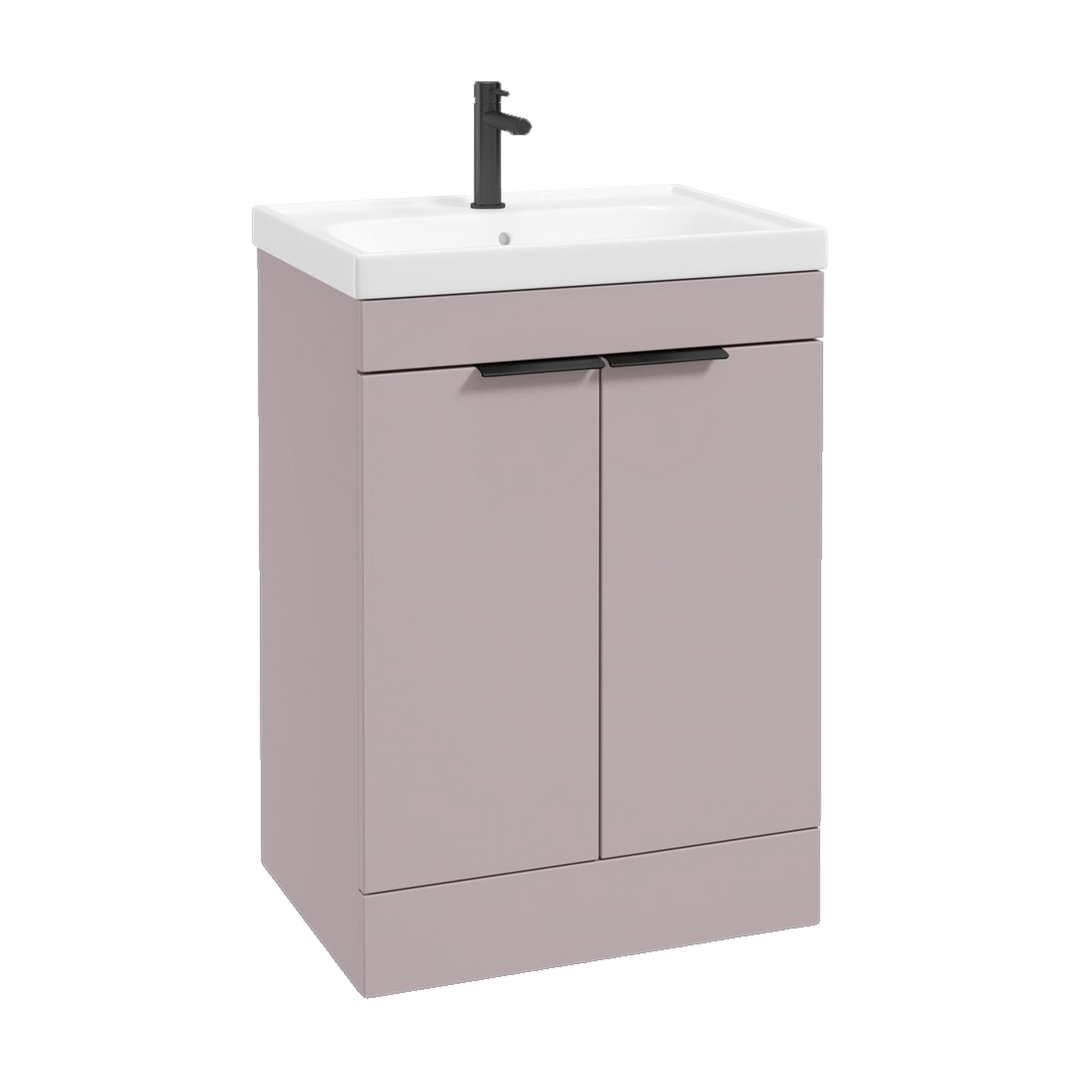 SONAS Stockholm 60cm floorstanding two door vanity unit in Matt Cashmere Pink with matt black handles